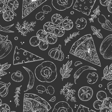 Pizza malzemeleri arka planında. Doğrusal grafik. Domates, sarımsak, fesleğen, zeytin, biber, mantar, yaprak. Kusursuz desen.