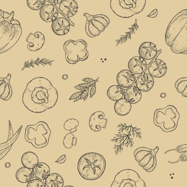 Pizza malzemeleri arka planında. Doğrusal grafik. Domates, sarımsak, fesleğen, zeytin, biber, mantar, yaprak..