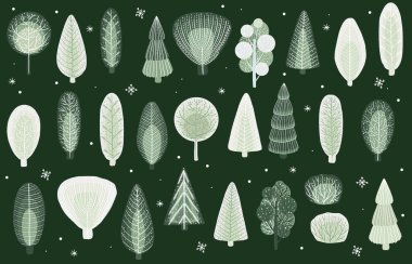 Winter set of trees. Collection of vector trees. Forest background clipart