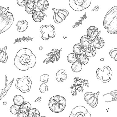 Kusursuz bir doku. Pizzanın vektör rengi görüntüsü. Çeşitli malzemelerle dilimler..