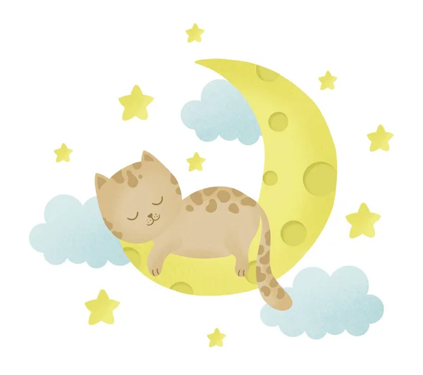 달에서 자는 귀여운 고양이, 그림, 아이들의 패션 아트, 벽지와 프린트를 위한 베이비 그래픽. — 스톡 사진