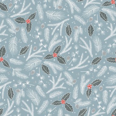 Kusursuz bir Noel deseni. Çam dalları, kırmızı böğürtlen, kar taneleri. Dijital kağıtları selamlama sezonu. Kış Xmas tatili