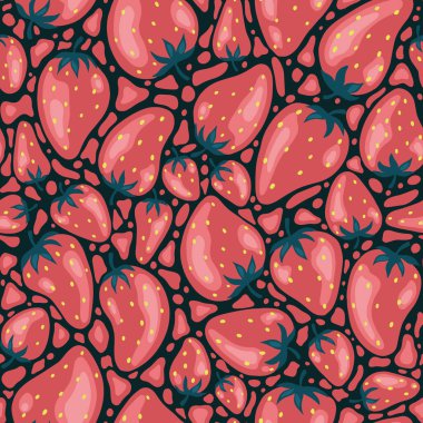 Çizgi filmdeki parlak çilekler kusursuz desenli. Dergi, kitap, kart, menü kapağı, web sayfaları için kullanılan taze çiftlik organik çileğinin vektör arkaplanı.