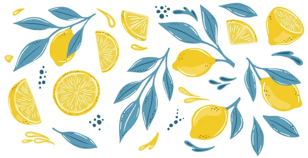 Zitronensatz mit isolierten Blättern auf weißem Hintergrund — Stockvektor