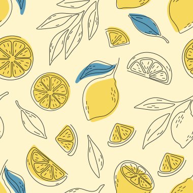 Elle çizilmiş limonların kusursuz deseni. Citrus meyve arka planı. Tekstil duvar kağıdı posterleri için mükemmel.