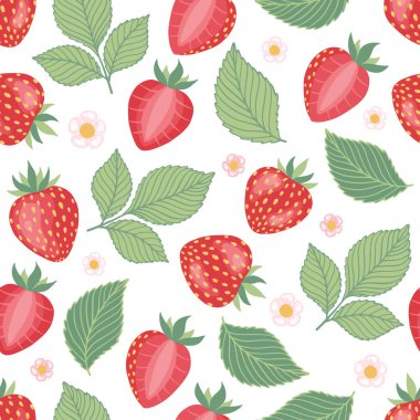 Çizgi filmdeki parlak çilekler kusursuz desenli. Dergi, kitap, kart, menü kapağı, web sayfaları için kullanılan taze çiftlik organik çileğinin vektör arkaplanı.