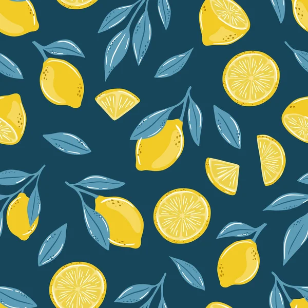 无缝隙的手绘柠檬图案.柑橘类水果背景。完美的纺织品壁纸海报 — 图库矢量图片