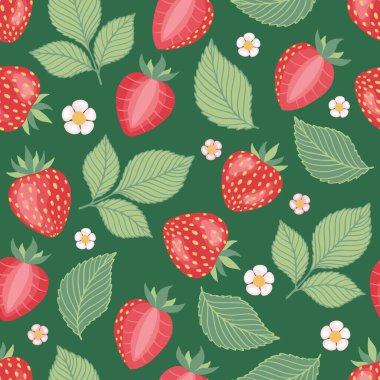 Çizgi filmdeki parlak çilekler kusursuz desenli. Dergi, kitap, kart, menü kapağı, web sayfaları için kullanılan taze çiftlik organik çileğinin vektör arkaplanı.