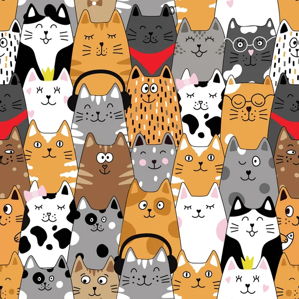 Seamless pattern with cats. Cute cat set. Funny cartoon animal characters. Stock Vector