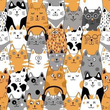 Beyaz arka planda komik kedileri, kedi mamaları ve balıkları olan kusursuz bir desen..