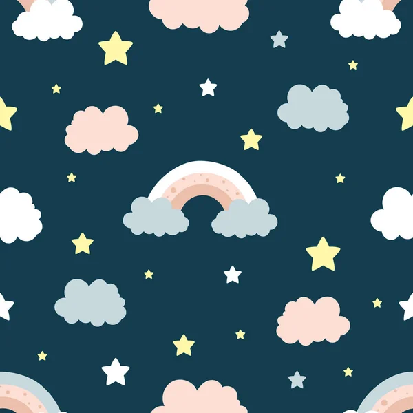 Płynny wzór dzieci z chmurami, księżycem i gwiazdami. Kreatywne tekstury dla dzieci do tkanin, opakowań, tekstyliów — Wektor stockowy