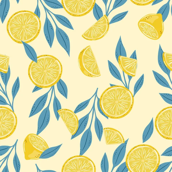 无缝隙的手绘柠檬图案.柑橘类水果背景。完美的纺织品壁纸海报 — 图库矢量图片