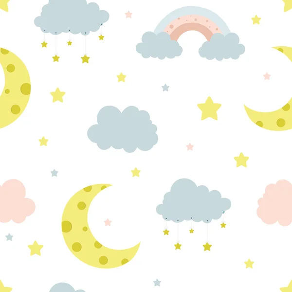 Seamless children pattern with clouds, moon and stars. Creative kids texture for fabric, wrapping, textile — Stock Vector
