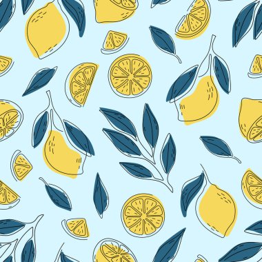 Elle çizilmiş limonların kusursuz deseni. Citrus meyve arka planı. Tekstil duvar kağıdı posterleri için mükemmel.