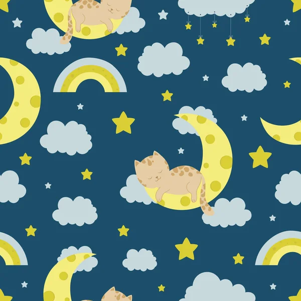 Padrão sem costura com gato, nuvens, lua e estrelas. Criativa crianças textura para tecido, embrulho, têxtil, papel de parede, vestuário — Vetor de Stock