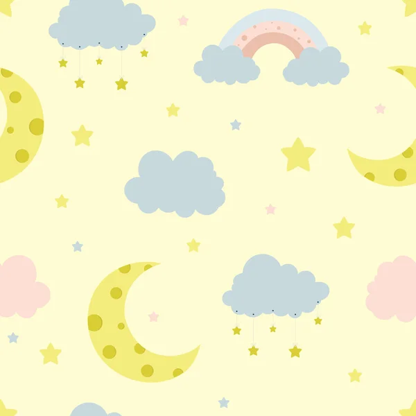 Безшовний малюнок дітей з хмарами, місяцем і зірками. Креативна текстура дітей для тканини, обгортання, текстилю — стоковий вектор