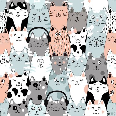 Kedilerde kusursuz desen. Şirin kedi seti. Komik hayvan karakterleri..