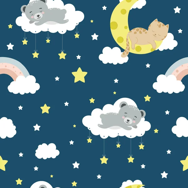 Безшовний дитячий візерунок з кішкою, ведмедем, хмарами, місяцем і зірками. Креативні діти текстури для тканини, обгортання, текстилю, шпалер, одягу — стоковий вектор