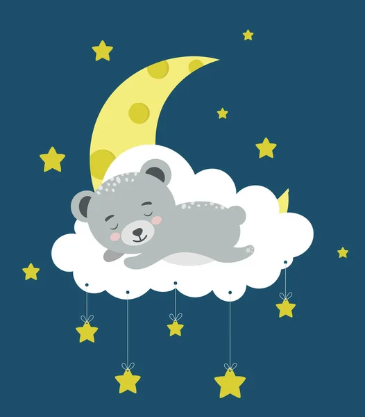 Cute Bear sleeping on the cloud. Baby animal concept illustration for nursery, character for children. — Stock Vector