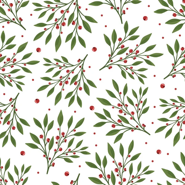 Seamless floral pattern with green leaves and red berries. Perfect for textile wallpaper posters. — Stock Vector