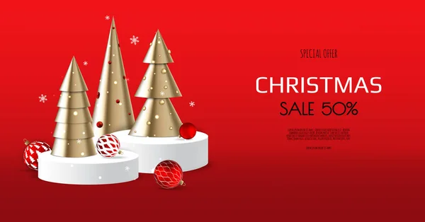 Kerst en Nieuwjaar achtergrond. Conische gouden kerstbomen. Wintervakantie samenstelling. Wenskaart, banner, poster, header voor website — Stockvector