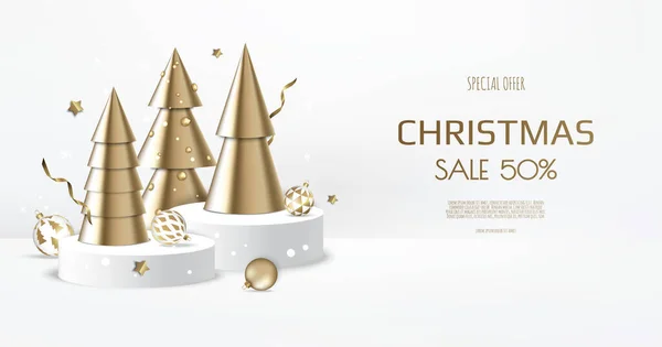 Weihnachten und Neujahr Hintergrund. Konische goldene Weihnachtsbäume. Winterferienkomposition. Grußkarte, Banner, Poster, Header für Webseite — Stockvektor