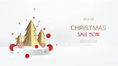 Noel podyumu, kar taneleri, kağıt ağaçlar, kostüm topları. Boş kaide. Vektör illüstrasyonu.