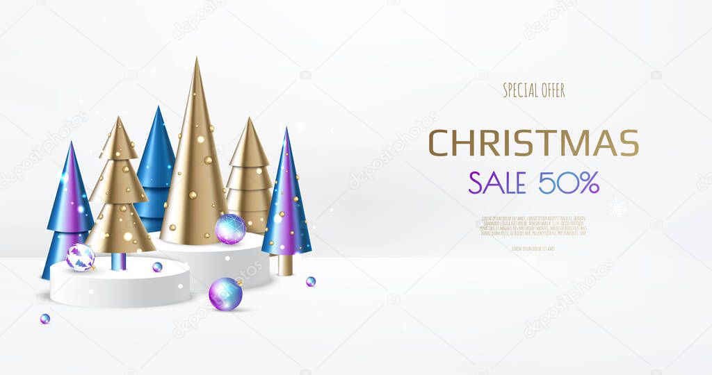 3D circle podium display with Christmas tree. Winter holiday background.