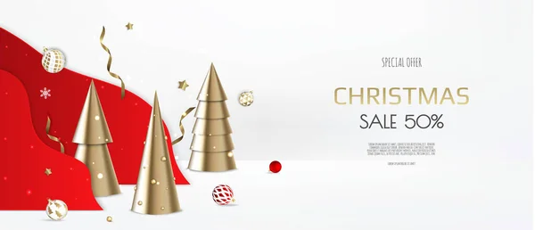 圣诞节和新年背景。锥形黄金圣诞树。寒假作文。贺卡、横幅、海报、网站标题 — 图库矢量图片