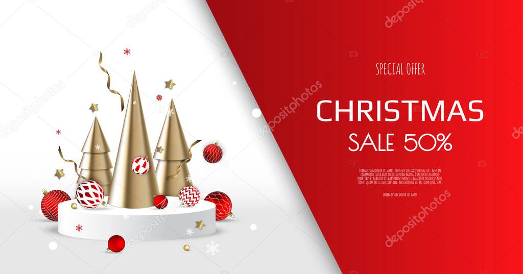 Christmas and New Year background. Conical Gold Christmas Trees. Winter holiday composition. Greeting card, banner, poster, header for website