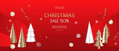 Noel ve Yeni Yıl geçmişi. Konik Altın Noel Ağaçları. Kış tatili kompozisyonu. Web sitesi için tebrik kartı, afiş, poster, başlık