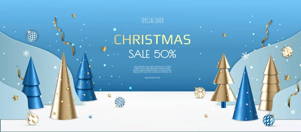 Noel ve Yeni Yıl geçmişi. Konik Altın Noel Ağaçları. Kış tatili kompozisyonu. Web sitesi için tebrik kartı, afiş, poster, başlık — Stok Vektör