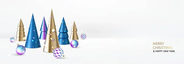 Joyeux Noël et bonne année. Fond festif de Noël avec des objets 3D réalistes, boules bleues et dorées, arbre de Noël conique. Lévitation chute conception composition. — Image vectorielle