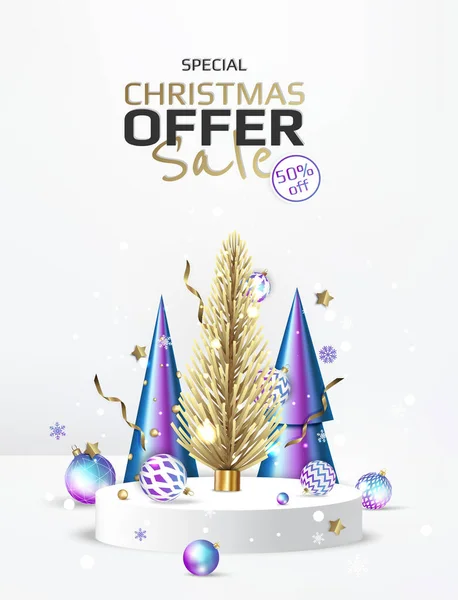 冬とクリスマスのデザイン、販売のための現実的な表彰台。グリーティングカード、バナー、ポスター、ウェブサイトのヘッダー — ストックベクタ