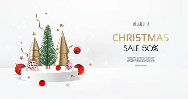 Realistisches Podium für Winter- und Weihnachtsdesign, Verkauf. Grußkarte, Banner, Poster, Header für Webseite — Stockvektor