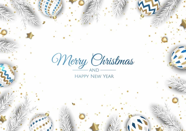 Frohe Weihnachten und ein gutes neues Jahr. Weihnachten Hintergrund mit Schneeflocken und Kugeln Design. — Stockvektor