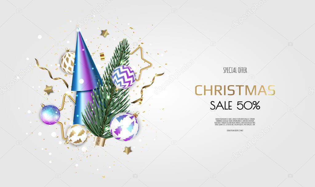 Merry Christmas and Happy New Year. Xmas Festive background with realistic 3d objects, blue and gold balls, conical christmas tree. Levitation falling design composition.