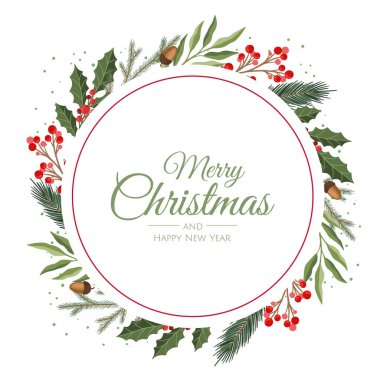 Kış ormanı dallarıyla vektör bileşimi. Noel kartları, parti davetiyeleri, tatil satışları için harika. Poster, web sayfası, ambalaj için kullanılabilir.