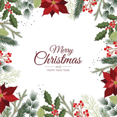 Kış ormanı dallarıyla vektör bileşimi. Noel kartları, parti davetiyeleri, tatil satışları için harika. Poster, web sayfası, ambalaj için kullanılabilir.