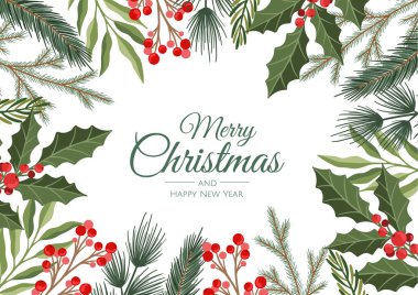 Kış tatili geçmişi. Noel ağacı dalları ve süslemeleri olan bir sınır. Yılbaşı kartları, afişler, başlıklar, parti posterleri için harika..