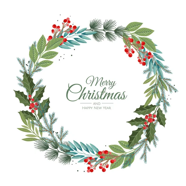 Feliz Natal e Ano Novo Cartão com Pine Wreath, Mistletoe, plantas de inverno ilustração de design para saudações, convite, folheto, brochura. —  Vetores de Stock