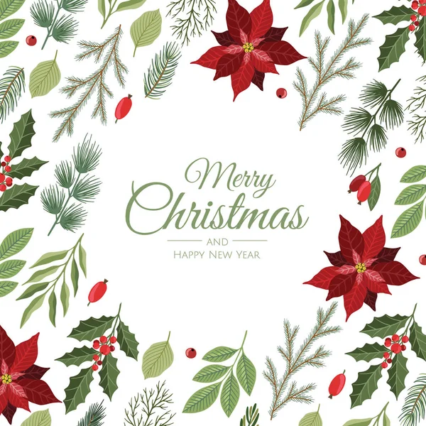 Joyeux Noël et Nouvel An Carte avec couronne de pin, gui, plantes d'hiver illustration de conception pour les salutations, invitation, dépliant, brochure. — Image vectorielle