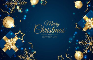 Mutlu Noeller ve mutlu yıllar. Kar taneleri ve top tasarımlı Xmas arkaplanı.