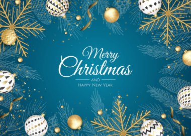 Mutlu Noeller ve mutlu yıllar. Kar taneleri ve top tasarımlı Xmas arkaplanı.