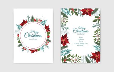 Çam çelengi, ökseotu, kış bitkileri tebrik, davetiye, el ilanı ve broşür tasarımı içeren Mutlu Noeller ve yeni yıl kartları..