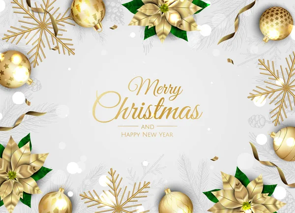 Frohe Weihnachten und ein gutes neues Jahr. Weihnachten Hintergrund mit Schneeflocken und Kugeln Design. — Stockvektor
