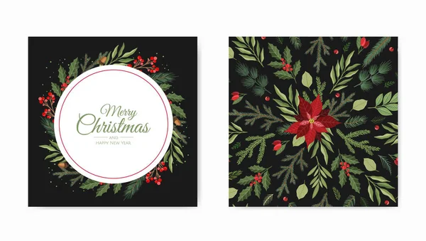 Καλά Χριστούγεννα και Πρωτοχρονιά Κάρτες με στεφάνι πεύκου, γκι, Χειμερινά φυτά σχέδιο εικονογράφηση για χαιρετισμούς, πρόσκληση, φυλλάδιο, φυλλάδιο. — Διανυσματικό Αρχείο
