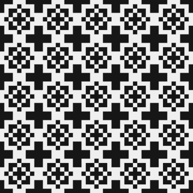 Siyah ve beyaz şekillerin geometrik dikişsiz deseni, vektör illüstrasyonu