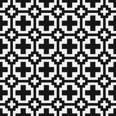 Siyah ve beyaz şekillerin geometrik dikişsiz deseni, vektör illüstrasyonu