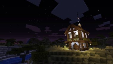 Minecraft Game. December 25, 2020: Sample of Simply Wooden House in Minecraft Game 3D illustration